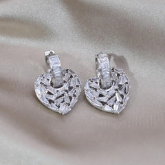 Love Heart Silver Baguette Cubic Zirconia Hoop Drop Earring Pair Women