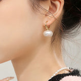 Baby Pink Button Pearl 18K Gold Drop Hoop Bali Earring for Women