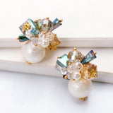 Floral Crystal Beads Pearl Copper Multicolor Gold Stud Earring for Women