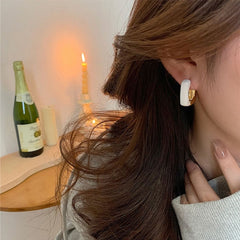 White Enamel Square 18k Gold Copper Stud Hoop Earring for Women
