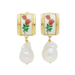 Tulip Enamel Baroque Pearl Gold Copper Dangling Drop Earring for Women