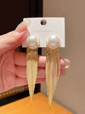 Large Pearl 18K Gold Anti Tarnish Tassel Earring For Women