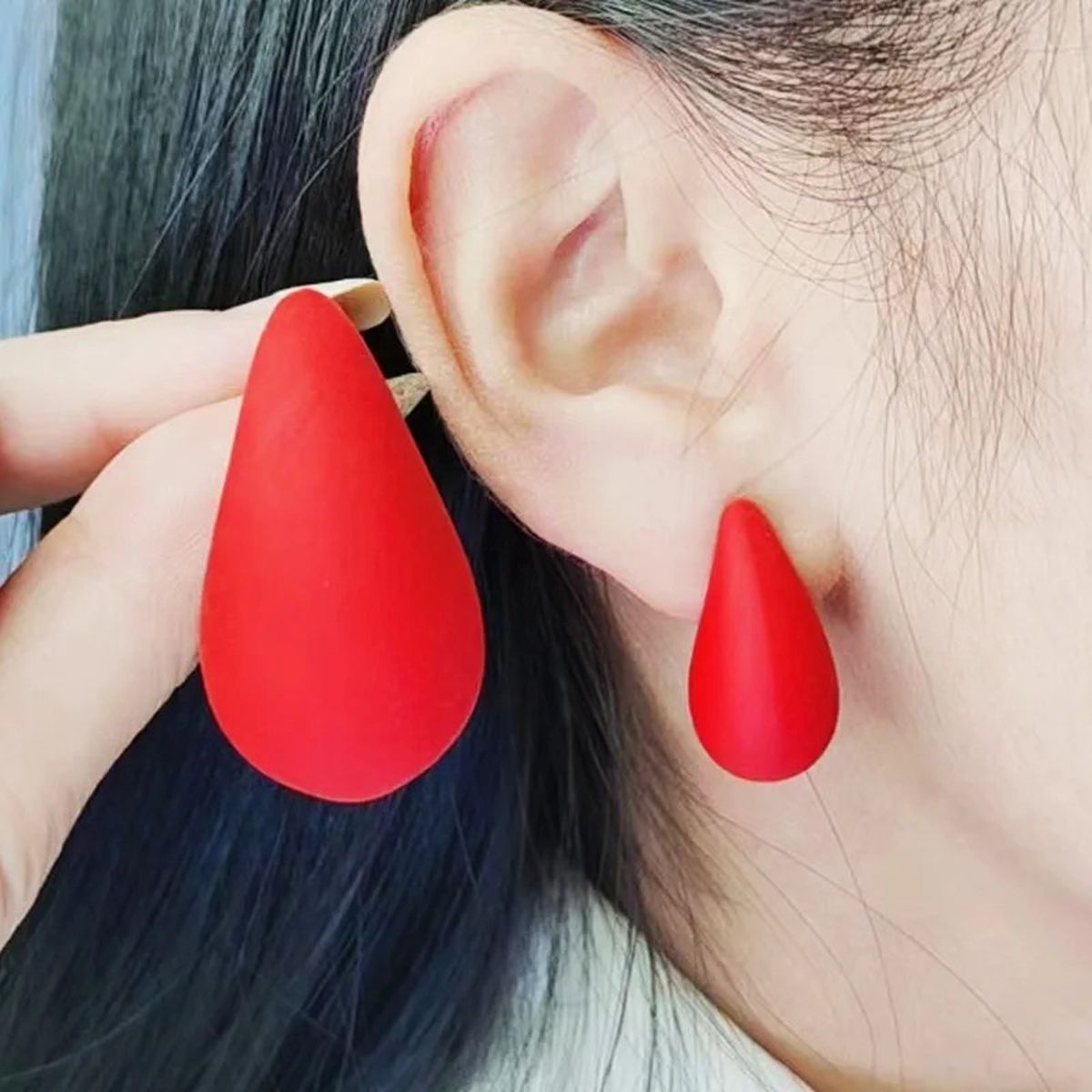 Resin Tear Drop Red Silver Anti Tarnish Stud Earring For Women