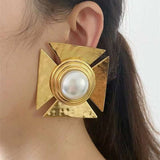 Geometric Shape Pearl White 18K Gold Anti Tarnish Stud Earring For Women