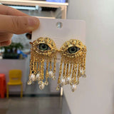 Evil Eye Cubic Zirconia Pearl Green 18K Gold Anti Tarnish Dangler Tassel Earring For Women