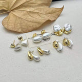 Two Tone Dual Drop 18K Gold White Pearl Anti Tarnish Stud Drop Earring For Women