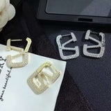 Baguette Cut V Letter 18K Gold Cubic Zirconia Anti Tarnish Dangler Hoop Earring For Women