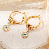 Evil Eye White 18K Gold Cubic Zirconia Mother Of Pearl Anti Tarnish Hoop Dangler Earring For Women