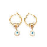 Evil Eye White 18K Gold Cubic Zirconia Mother Of Pearl Anti Tarnish Hoop Dangler Earring For Women