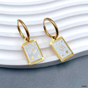 Rectangle White 18K Gold Enamel Stainless Steel Hoop Dangler Earring For Women