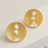 Woven Basket Pearl White 18K Gold Anti Tarnish Stud Earring For Women