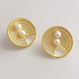 Woven Basket Pearl White 18K Gold Anti Tarnish Stud Earring For Women