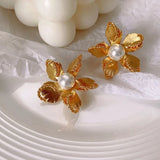 Leaf Rope Flower White 18K Gold Pearl Anti Tarnish Stud Earring For Women