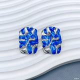 Oval Blue 18K Gold Enamel Anti Tarnish Stud Stainless Steel Earring For Women