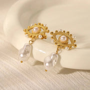 Evil Eye White 18K Gold Pearl Anti Tarnish Dangler Drop Earring For Women