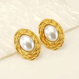 Oval Flower Pearl White 18K Gold Anti Tarnish Stud Earring For Women