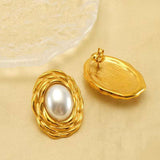 Oval Flower Pearl White 18K Gold Anti Tarnish Stud Earring For Women