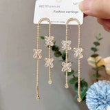 Clover Flower 18K Gold Cubic Zirconia Anti Tarnish Tassel Dangler Earring For Women