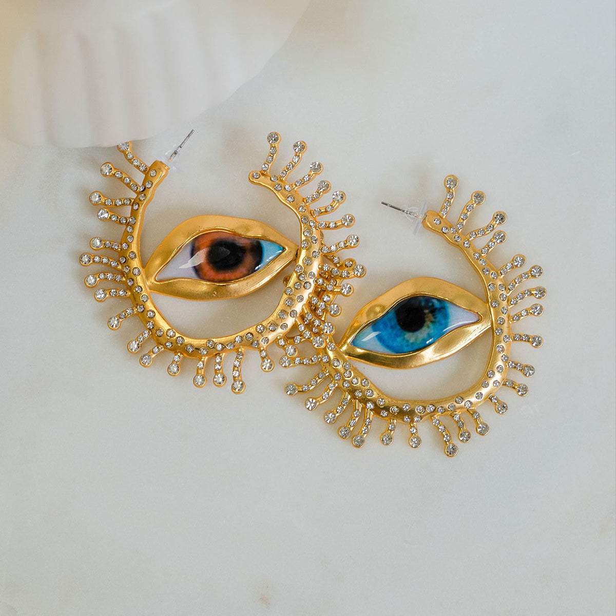 Evil Eye Sun Blue Brown Mismatch Color 18K Gold Cubic Zirconia Anti Tarnish Statement Hoop Earring For Women