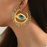 Evil Eye Sun Blue Brown Mismatch Color 18K Gold Cubic Zirconia Anti Tarnish Statement Hoop Earring For Women