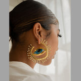 Evil Eye Sun Blue Brown Mismatch Color 18K Gold Cubic Zirconia Anti Tarnish Statement Hoop Earring For Women