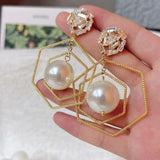 Dual Hexagon White 18K Gold Cubic Zirconia Pearl Anti Tarnish Dangler Earring For Women