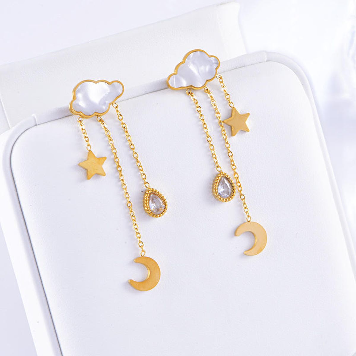 Crescent Star Cloud Cubic Zirconia Mother Of Pearl White 18K Gold Stainless Steel Anti Tarnish Dangler Tassel Earring For Women