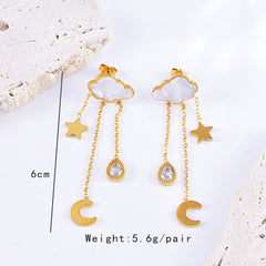 Crescent Star Cloud Cubic Zirconia Mother Of Pearl White 18K Gold Stainless Steel Anti Tarnish Dangler Tassel Earring For Women