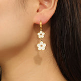 Clover Flower Mother Of Pearl White 18K Gold Stainless Steel Anti Tarnish Dangler Earring For Women