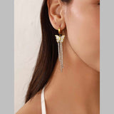 Butterfly Solitaire Cubic Zirconia Mother Of Pearl White 18K Gold Stainless Steel Anti Tarnish Dangler Tassel Earring For Women