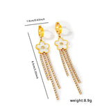 Clover Flower Solitaire Cubic Zirconia Mother Of Pearl White 18K Gold Stainless Steel Anti Tarnish Dangler Tassel Earring For Women