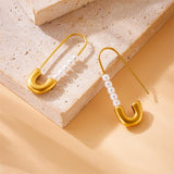 Safety Pin Pearl White 18K Gold Stainless Steel Anti Tarnish Dangler Stud Earring For Women