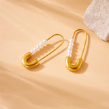 Safety Pin Pearl White 18K Gold Stainless Steel Anti Tarnish Dangler Stud Earring For Women