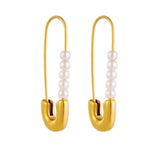 Safety Pin Pearl White 18K Gold Stainless Steel Anti Tarnish Dangler Stud Earring For Women