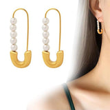 Safety Pin Pearl White 18K Gold Stainless Steel Anti Tarnish Dangler Stud Earring For Women