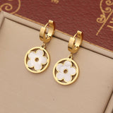 Clover Flower Mother Of Pearl White 18K Gold Stainless Steel Anti Tarnish Dangler Hoop Earring For Women