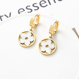 Clover Flower Mother Of Pearl White 18K Gold Stainless Steel Anti Tarnish Dangler Hoop Earring For Women