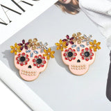 Rainbow Flower Skull Crystal Pearl Pink Multicolour 18K Gold Alloy Dangler Earring For Women