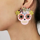 Rainbow Flower Skull Crystal Pearl Pink Multicolour 18K Gold Alloy Dangler Earring For Women