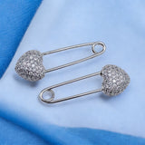 Safety Pin Heart Cubic Zirconia Silver Anti Tarnish Stud Earring For Women