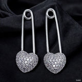 Safety Pin Heart Cubic Zirconia Silver Anti Tarnish Stud Earring For Women