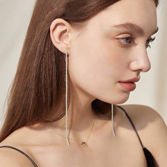 Slim Chain Rhinestone 18K Gold Anti Tarnish Long Tassel Dangler Earring For Women