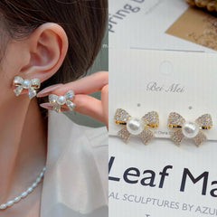 Ribbon Bow Cubic Zirconia Pearl 18K Gold White Anti Tarnish Stud Earring For Women
