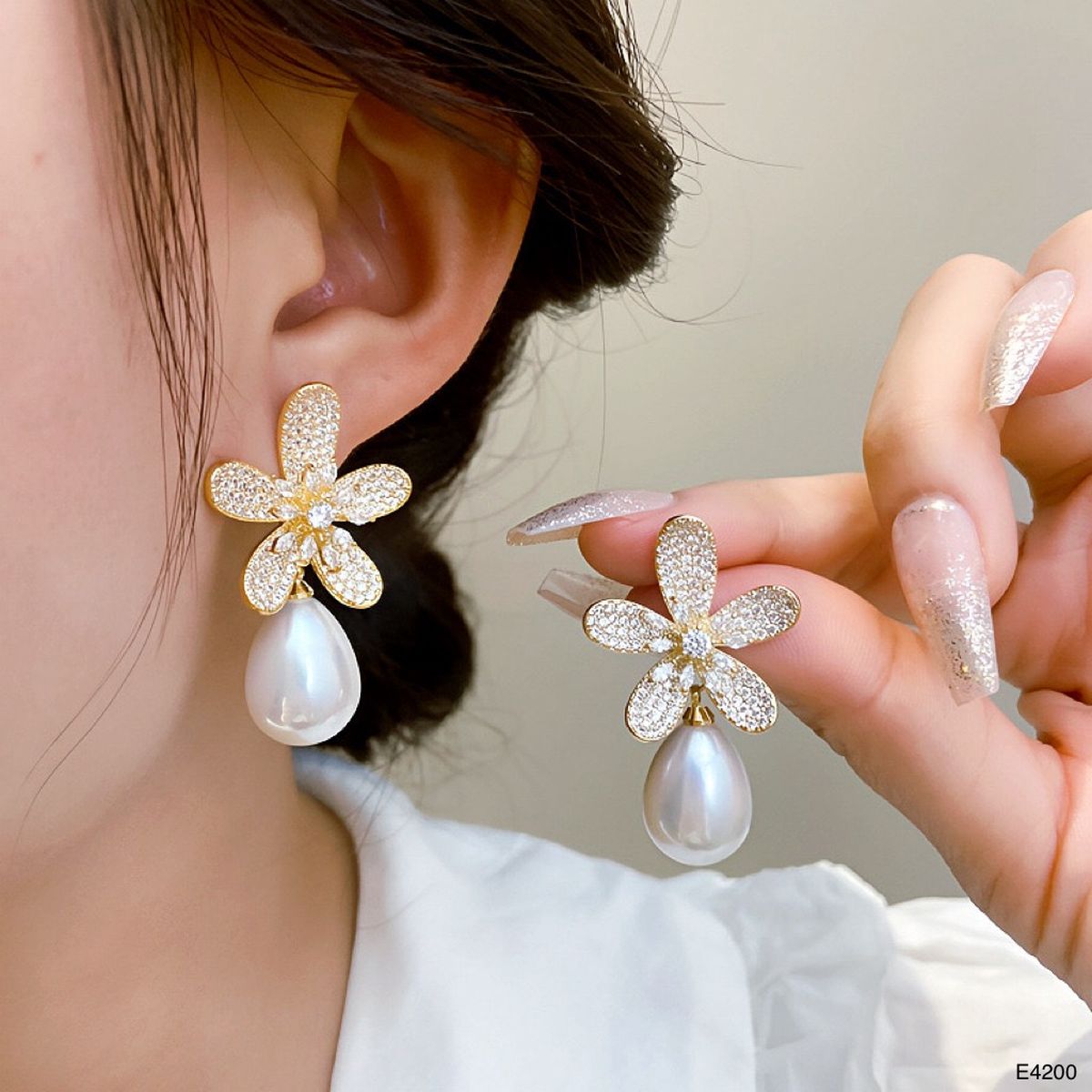 Flower 18K Gold White CZ Pearl Anti Tarnish Stud Drop Earring