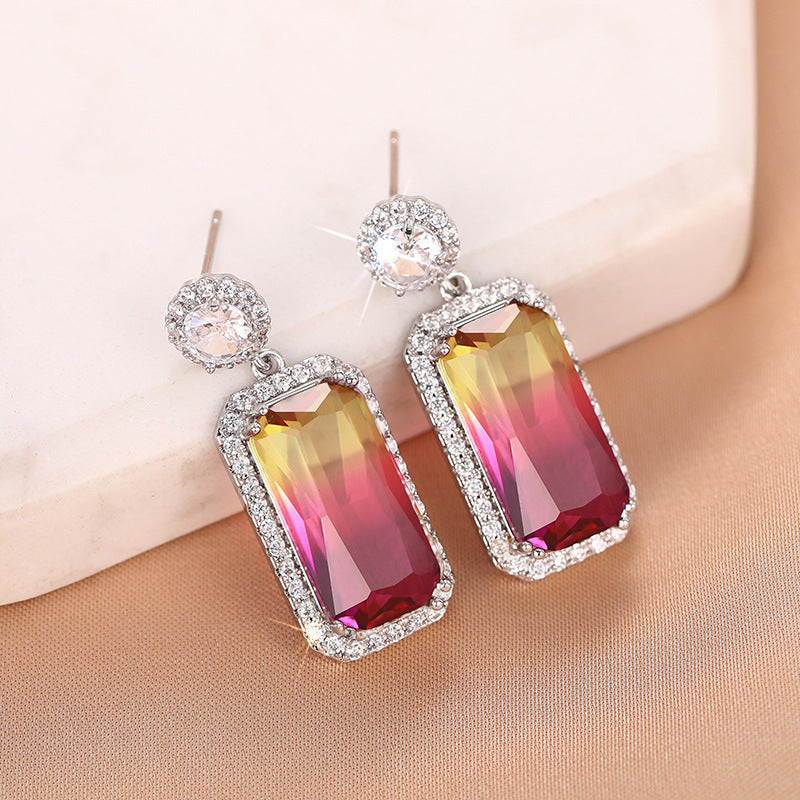 Multi Color Rectangle Silver Plated Cubic Zirconia Dangler Earrings