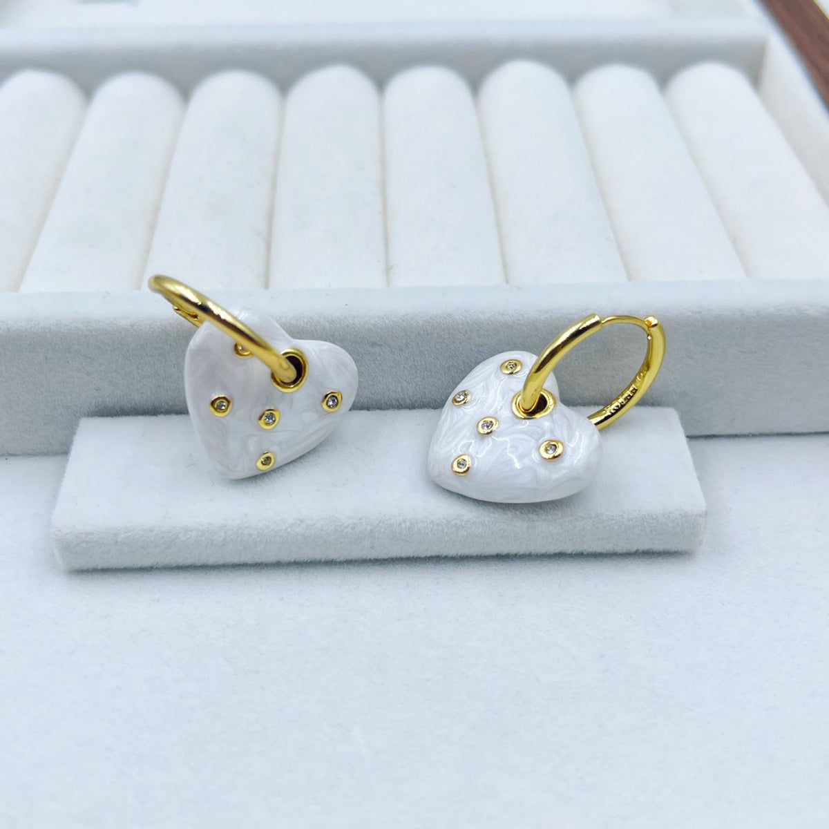Love Heart Cubic Zirconia Enamel 18K Gold White Anti Tarnish Hoop Drop Earring For Women