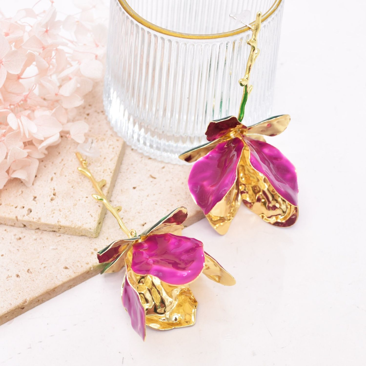 Tulip Flower Leaf Enamel 18K Gold Pink Green Tassel Dangler Earring For Women