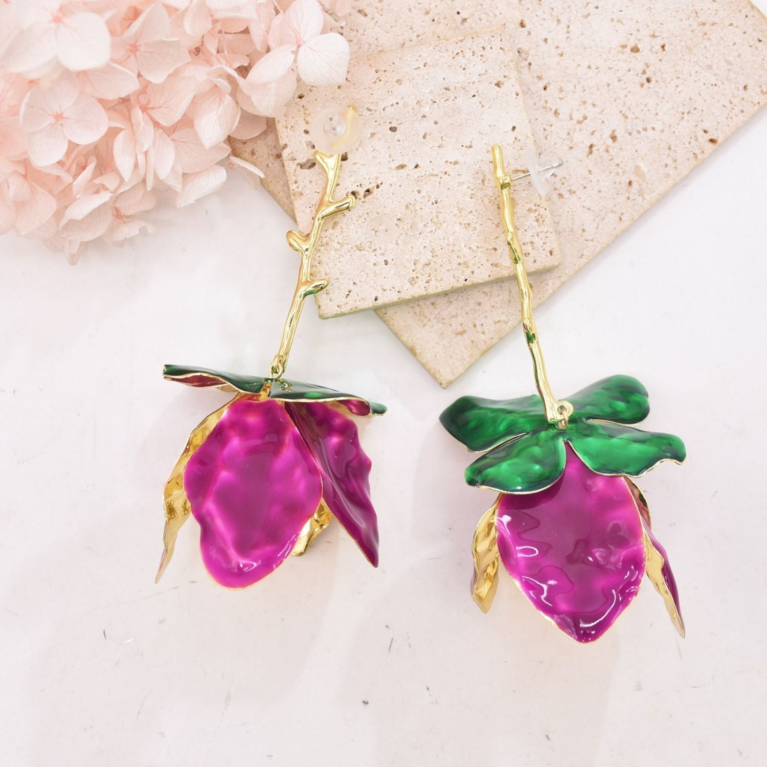 Tulip Flower Leaf Enamel 18K Gold Pink Green Tassel Dangler Earring For Women