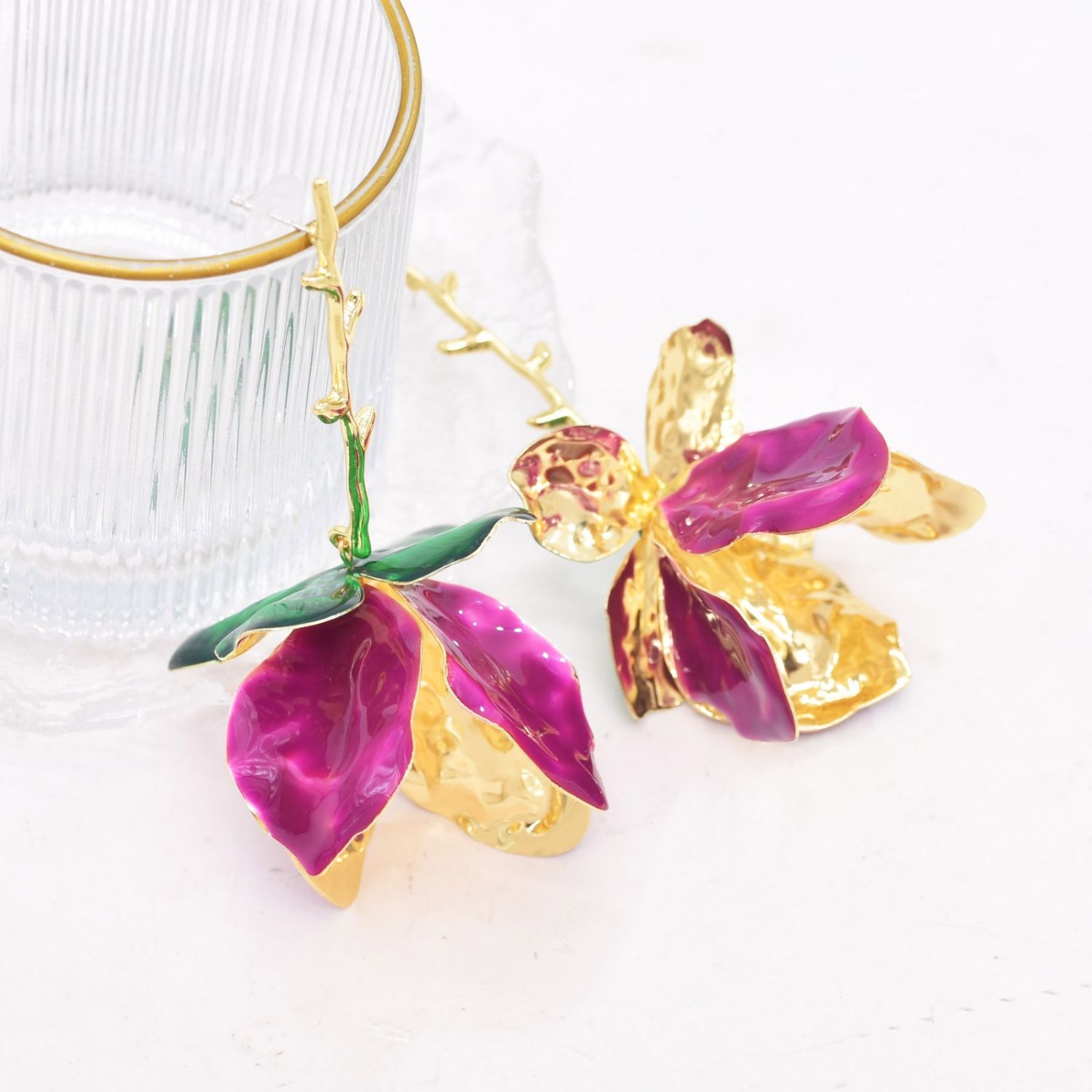 Tulip Flower Leaf Enamel 18K Gold Pink Green Tassel Dangler Earring For Women