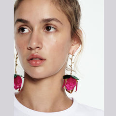 Tulip Flower Leaf Enamel 18K Gold Pink Green Tassel Dangler Earring For Women